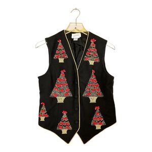 JENNA VTG Bow Beaded Christmas Tree Topiary Wool Vest Sz M